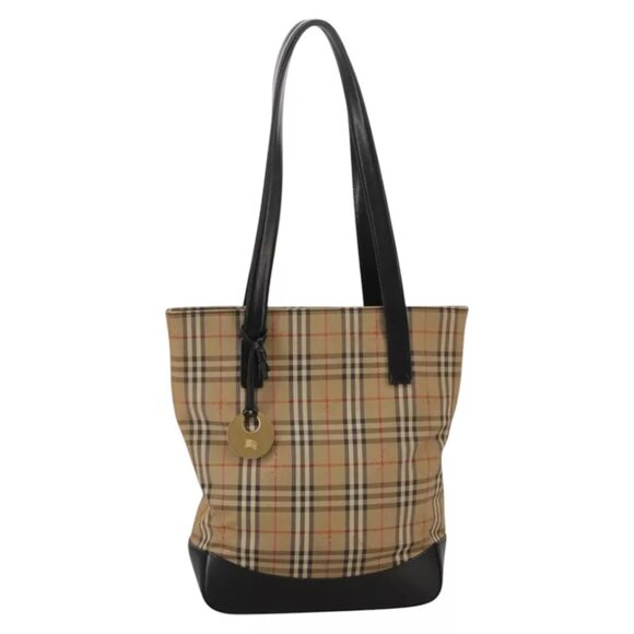 BURBERRY Nova Check Tote Bag Canvas Leather Beige Black gold Auth - Picture 1 of 16